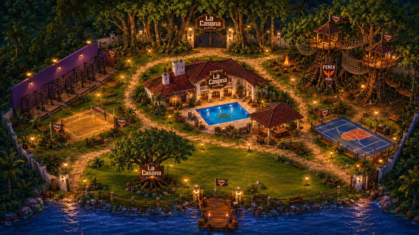 Vista del predio de La Casona Lafuente: la casona, la piscina, la casa del árbol, las canchas y el muelle sobre el río